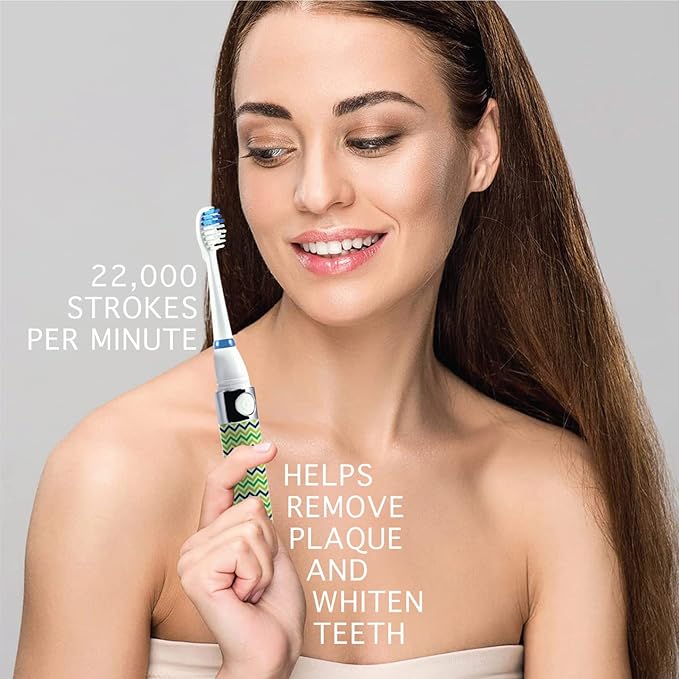 Pursonic Portable Sonic Toothbrush Battery Operated, Battery Included, 3 Brush Heads Included, 22,000 Strokes Per Minute, Brush On The Go (Green)