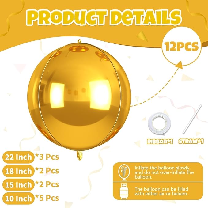 12Pcs Gold Round Balloons Foil, 22" 18" 15" 10" 4D Round Ball Balloon, Giant Metallic Gold Foil Balloons for Graduation Prom Disco Wedding New Year Birthday Party Decorations Backdrop