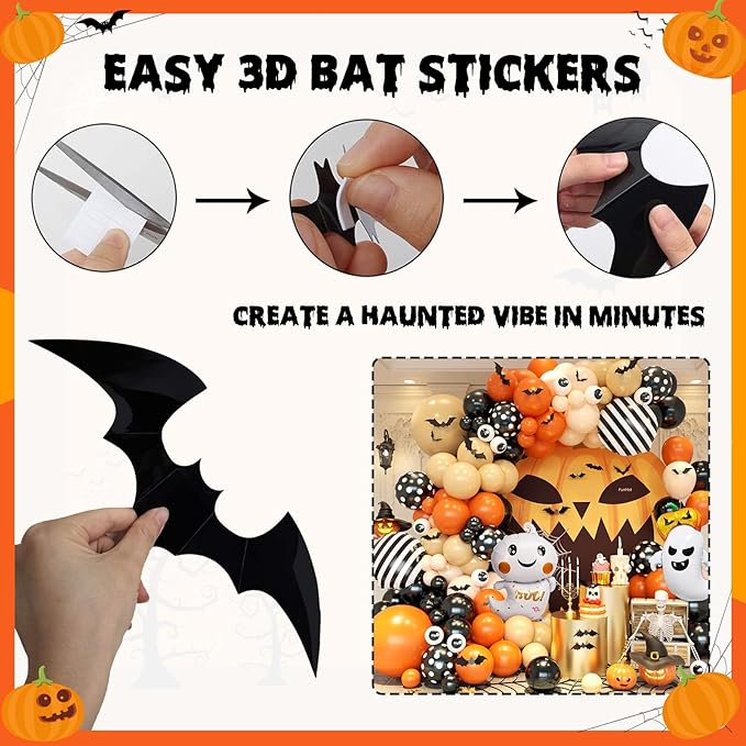 Orange Halloween Balloon Arch Garland, Orange Sand White Party Balloons with Ghost 18-In Strip Foil Balloon Eyeball Balloons Apricot Black Dot Latex Balloon Bat Sticker for Halloween Party Supplies