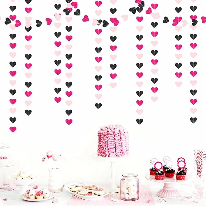 Hot-Pink Black Birthday Party-Decorations Streamers - 62FT Baby Girls Hanging Heart Garland Banner,Valentines Wedding Baby Bridal Shower Bachelorette Graduation Backdrop Decor Hugtmr
