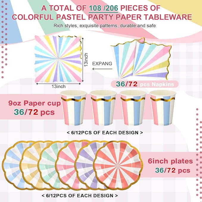 Yungyan 216 Pcs 72 Guest Pastel Party Plates and Napkins Gold Foil Scalloped Edge 6" Paper Dessert Plates and Striped Pastel 9 oz Cup Disposable Tableware Set for Birthday Wedding Baby Shower Supplies