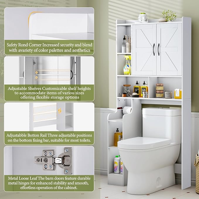 Over The Toilet Storage Cabinet with Barn Doors, Rustic Bathroom Organizer, Space-Saving Shelf for Laundry, White