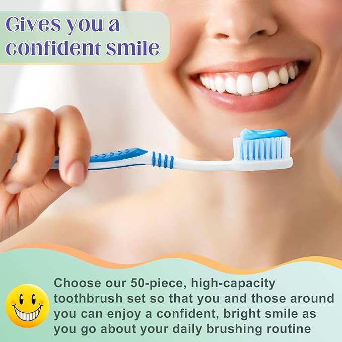 50 Pcs Toothbrush Bulk Disposable, Travel Toothbrushes Pack, Soft Bristle Individually Wrapped and Good Cleaning for Kids, Adult and The Elderly. Suitable for Hotel, Travel, Home, Donated