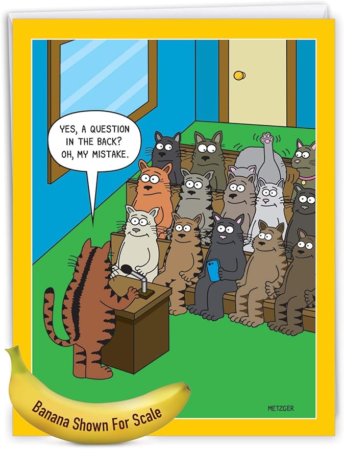 NobleWorks - Jumbo Birthday Greeting Card (8.5 x 11 Inch) - Cartoon Humor, Notecard with Envelope - Cat Question J3674BDG-US