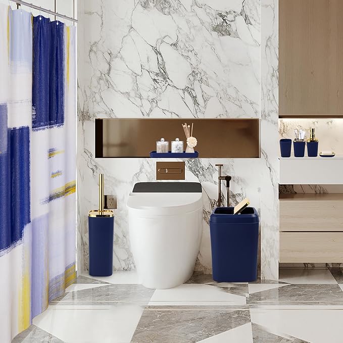Blue and Gold Bathroom Accessories Set, Bathroom Sets with Shower Curtain, Blue Bathroom Accessories with Trash Can, Soap Dispenser, Soap Dish, Toilet Brush Holder, Qtip Holders for Bathroom
