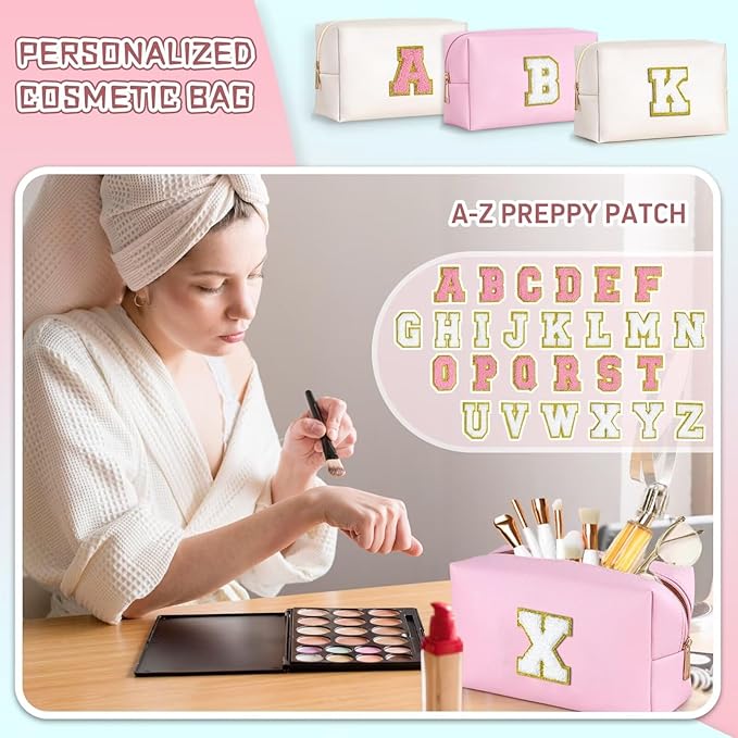 TOPEAST Dorm Room Essentials for Girls - Pink Initial Makeup Bag, College Essentials PU Leather Bag | Travel Car Essentials | Cute Stuff Birthday Gift for Friends Sister (Pink T)