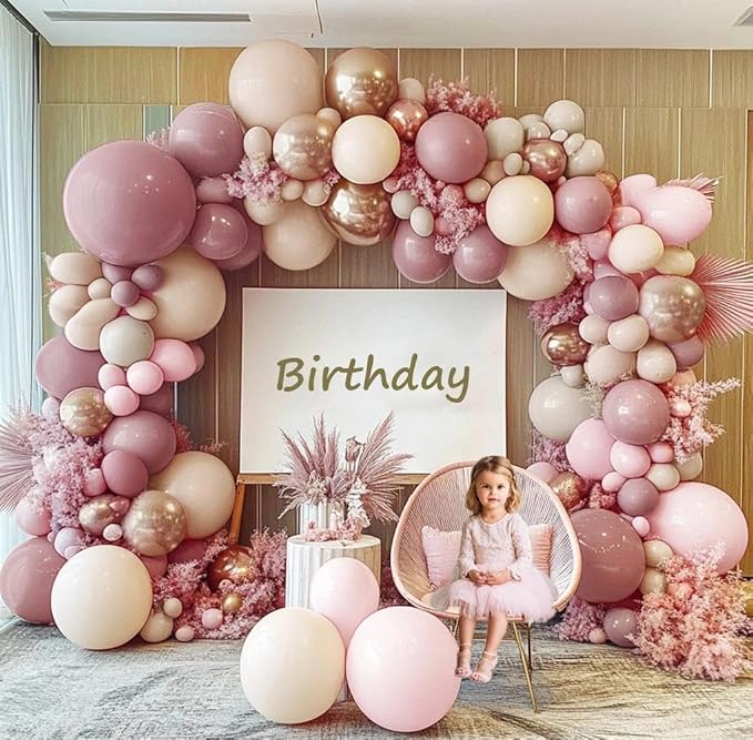 Dusty Pink Rose Balloon Garland Double Stuffed Mauve Light Pink Latex Blush Nude Beige Champagne Gold Balloon Arch Kit for Boho Birthday Baby Bridal Shower Neutral Wedding Party Decor