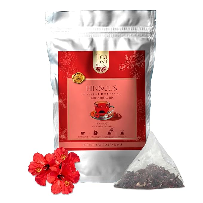 Tealeaf & Co. Hibiscus Tea with Hibiscus Flowers Extract - Pure Herbal Tea Bags Blended with Fresh Herbs - Flavored Herbal Blend - Low Caffeine - Gluten Free - 50 Teabags