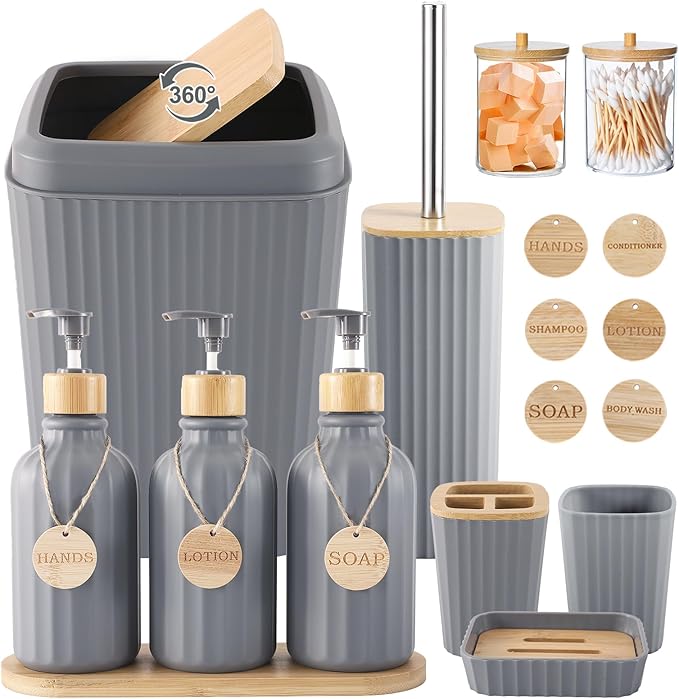 Grey Bathroom Accessories Set 17PCS Bathroom Set with Trash Can 3PCS Lotion Soap Dispenser, Toothbrush Holder, Soap Dish,Tumbler Cup,6PCS Wood Tags Bath Accessories with Tray for Bathroom