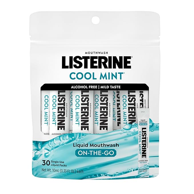 Listerine On-The-Go Cool Mint Alcohol Free Mouthwash Packets, Oral Rinse in Individual Packets Kills Bad Breath Germs, Less Intense Taste, Cool Mint Flavor, Mini Travel Size, 0.33 fl oz., 30 Pack