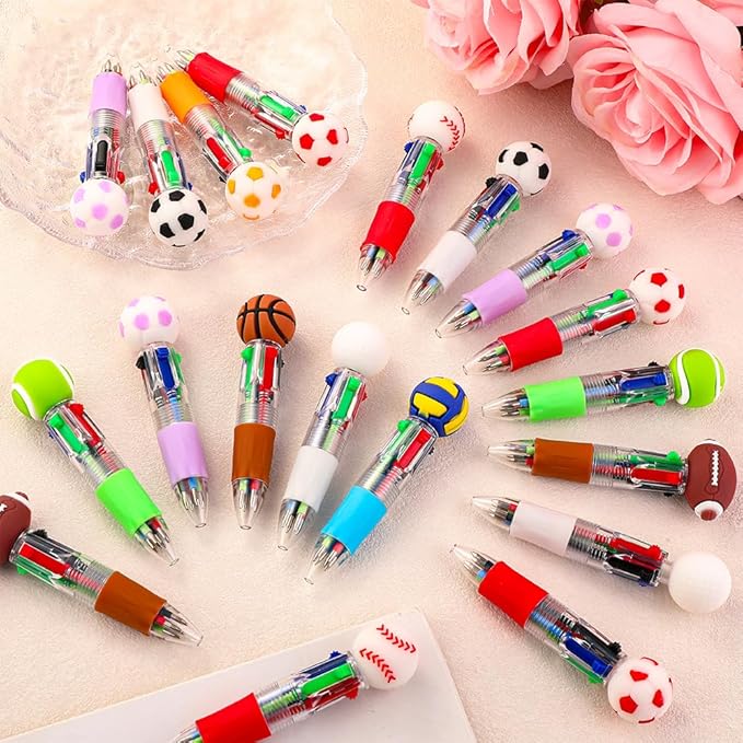 30pcs Mini Multicolor Pens in One 4-in-1 Cute Bulk Pens,Sport Soccer Rugby Basketball Retractable Pens Set for Sport Fans Valentines Party Favors Supplies Rewards Holiday Gifts