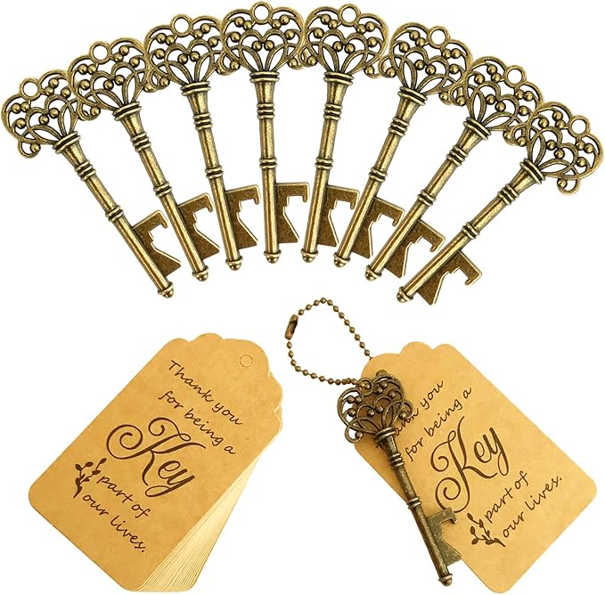 WODEGIFT 100 PCS Key Bottle Openers,Vintage Skeleton Key Bottle Opener with Escort Card Tag and Key Chains, Rustic Decoration for Wedding Favors,Return Gifts for Housewarming(Bronze)