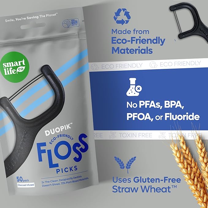 SmartLifeco Eco-Friendly Dual-Thread Dental Floss Picks (100ct) - Flossers Made with Straw Wheat Blend, Natural Teeth Whitening, Tooth Pick Stick for Adults, Activated Bamboo Charcoal Floss Thread