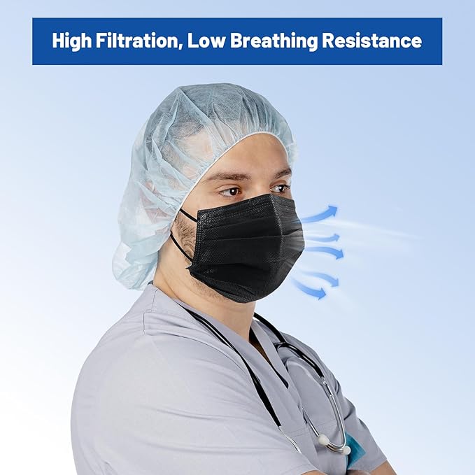 JMU Level 3 Black Disposable Face Mask 4-Ply Medical Grade, 50 Pack