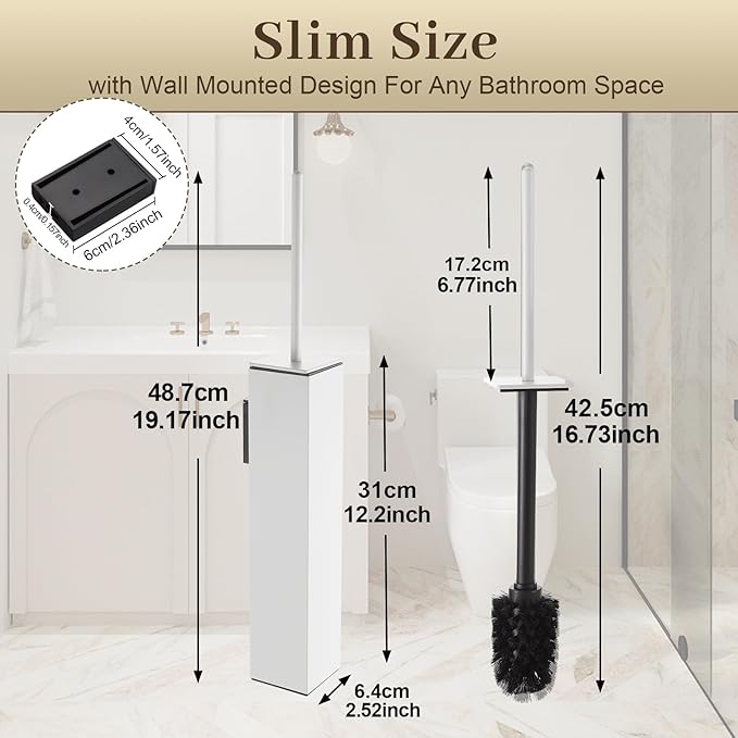 Toilet Brush and Holder Wall Mounted, White Aluminum with 2 Replaceable Heads, Bathroom Toilet Brush, Drill or 3M Adhesive Mount for Bathroom