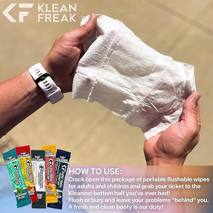 THE KLEAN FREAK FLUSHER - Flushable Wipes For Adults & Kids - 100% BIODEGRADABLE Individual Wrapped Travel WET Wipe for Toilet - Soothing Aloe & Witch Hazel - Alcohol Free 20 Pack - Kascade Pine