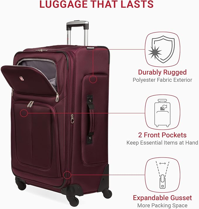 SWISSGEAR Sion Softside Expandable Spinner Luggage Durable Lightweight Travel Suitcase, Merlot, 3-Piece Set (21/25/29)