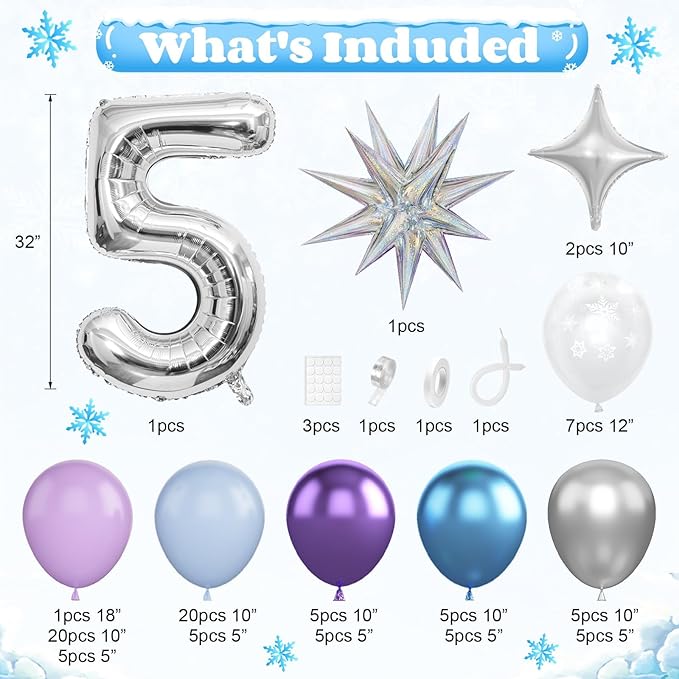 Snow 5th Birthday Decorations Girl, Snowflake Balloon Garland Arch Kit, Laser Explosion Star Balloons, Silver Number 5 Balloon Tower for Baby Shower Girls 5th Snow Theme Party Supplies