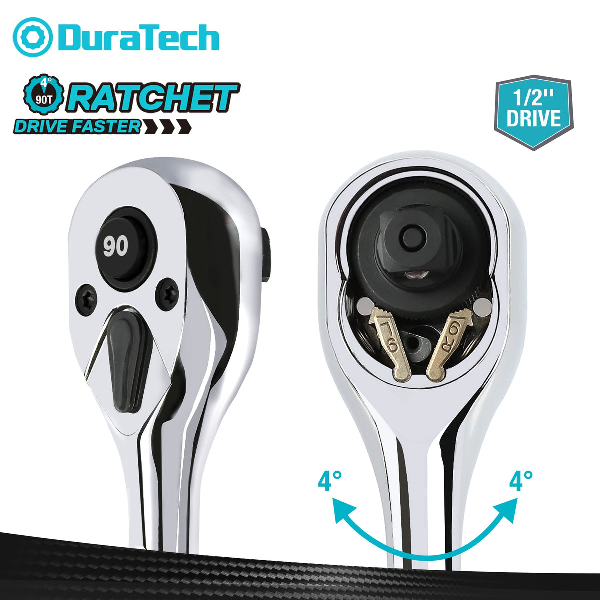DURATECH 1/2-Inch Drive Ratchet, 90-Tooth Quick-release Ratchet Wrench, Reversible, Cr-V Made, Full Polished, Stocking Stuffers for Men Women Gifts for Men Gifts for Women