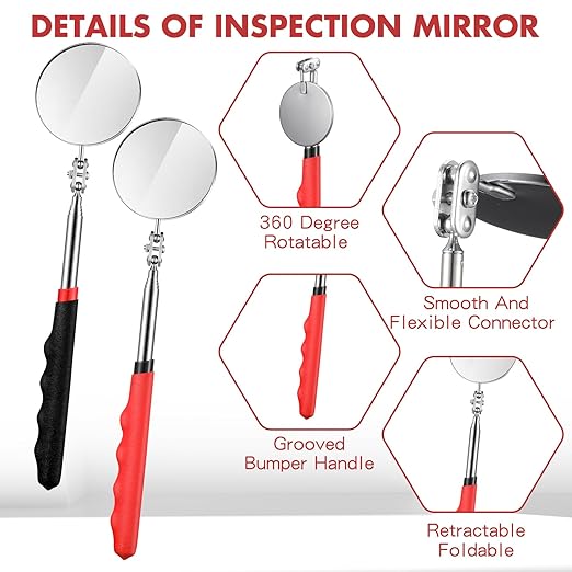 2 Pcs Telescoping Inspection Mirrors, Mechanics Mirror Tool with Long Handle, Round Extendable Mirror on a Stick for Technicians Mechanics Contractors Checking Observation(50mm,Black,Red)