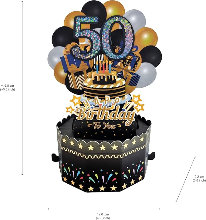 50th Birthday Cards 3D Popup Birthday Greeting Cards - Birthday Greeting Card for Men, Women, Mom and Dad with Blank Note and Envelope Included (Black Gold)