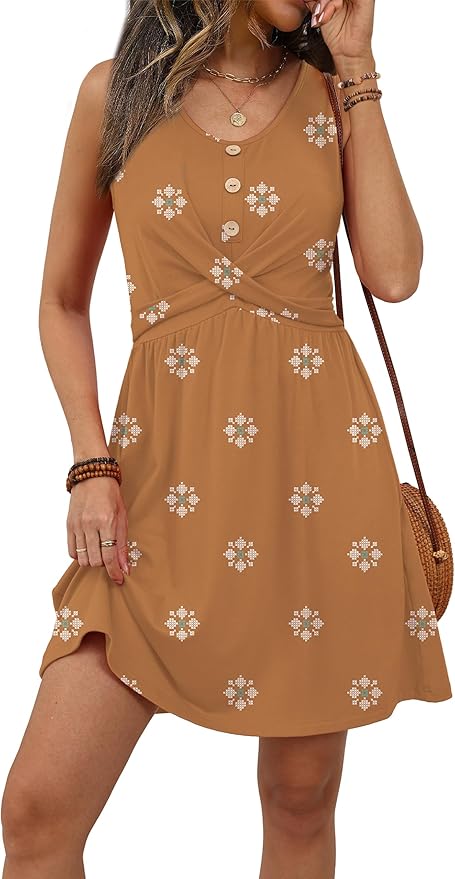 OFEEFAN Summer Dresses for Women Beach Fashion Sundresses Babydoll Dress Button Down Boho Dresses Cute Cross