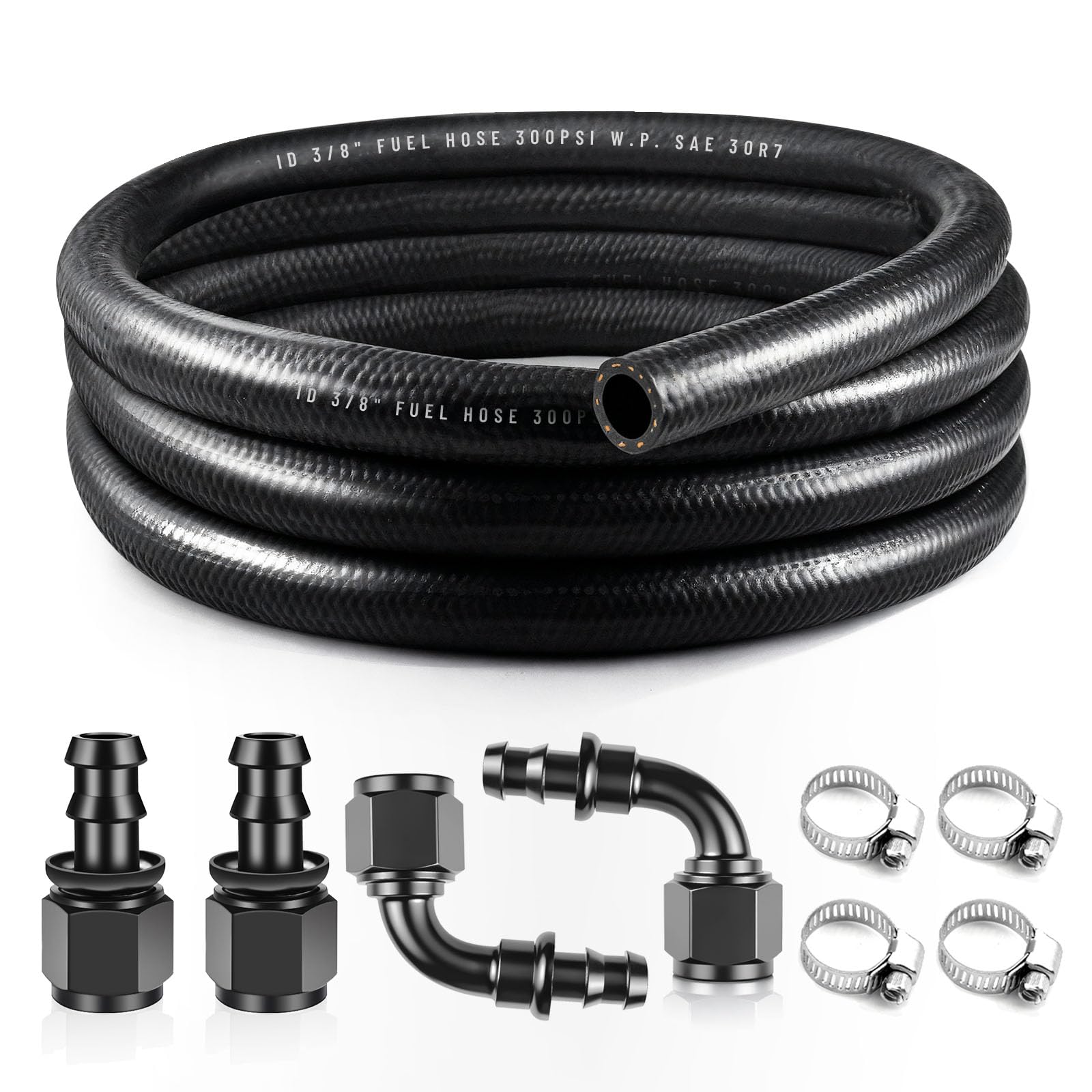 3/8 Inch Fuel Line Hose Kit 10FT, SAE 30R7 NBR Rubber Fuel Hose with 4PCS 6 AN Push Lock Fittings, 150 PSI Fuel Line for Automot