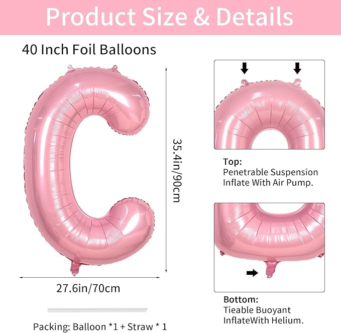 40 Inch Pink Letter Balloons, Giant Light Pink Letter C Balloon, Single Alphabet C Balloon, Pastel Foil Name Balloons for Girls Women Birthday Baby Shower Anniversary Graduation Decoration