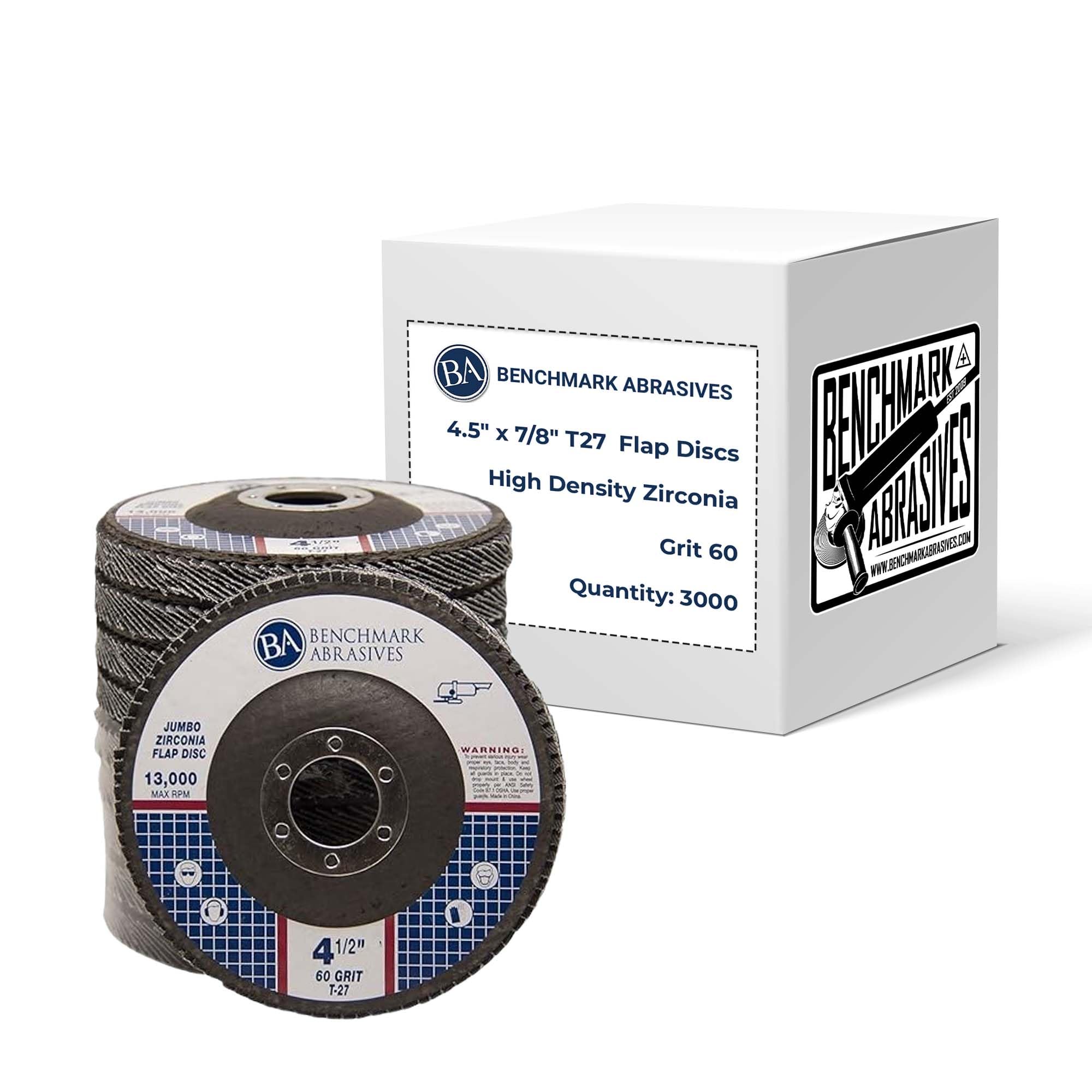 Benchmark Abrasives 4.5" x 7/8" Premium High Density Jumbo Zirconia Type 27 Flap Discs 4 1/2 for Angle Grinder, Sanding Discs, Finishing - Grinding Wheels 4 1/2 inch - (3000 Pack) - 60 Grit