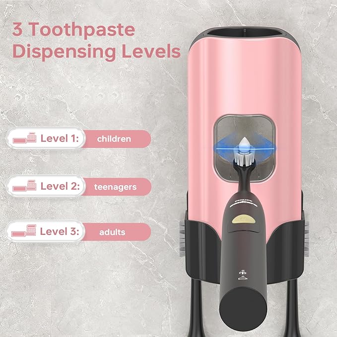 Automatic Toothpaste Dispenser Wall Mounted - Smart Touchless Toothpaste Squeezer with 3 Adjustable Levels, 2 Toothbrush Holders- for Kids and Adults, Bathroom Essentials
