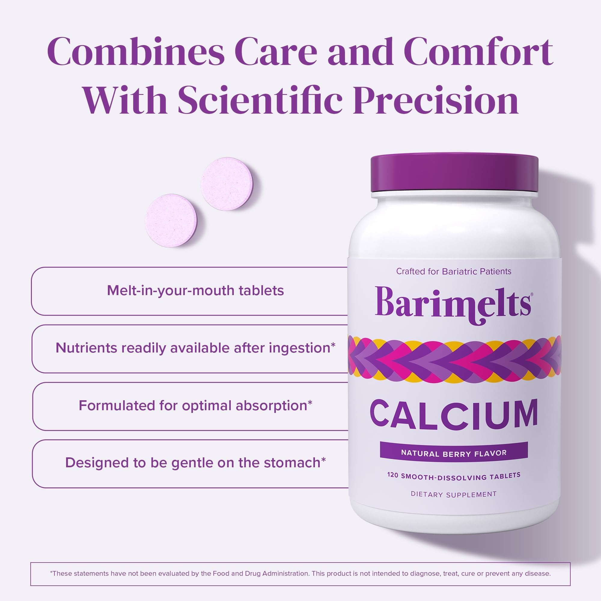 BariMelts Calcium Citrate with Vitamin D3 & Magnesium, 240 Smooth-Dissolving Tablets (2-Month Supply), Bariatric Calcium Supplements for Women, Natural Berry Flavor
