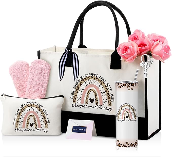 Geiserailie 8 Pcs Christmas Occupational Therapist Gifts for Women Including Large Tote Bag Cosmetic Bags Tumbler Cup Plush Socks Metal Keychain Card and Envelope for Christmas OT Thank You Gifts