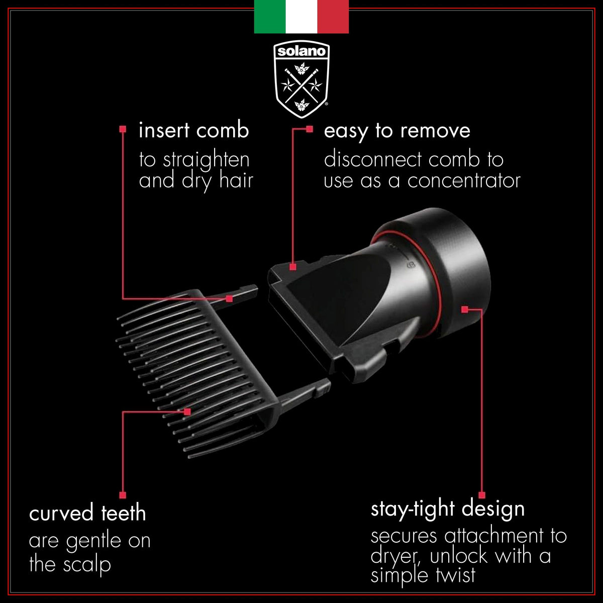 Solano 2 in 1 Dryer Attachment Universal Professional Comb & Concentrator - Italian Made - Straighten Hair - Comb Gentle on Scalp
