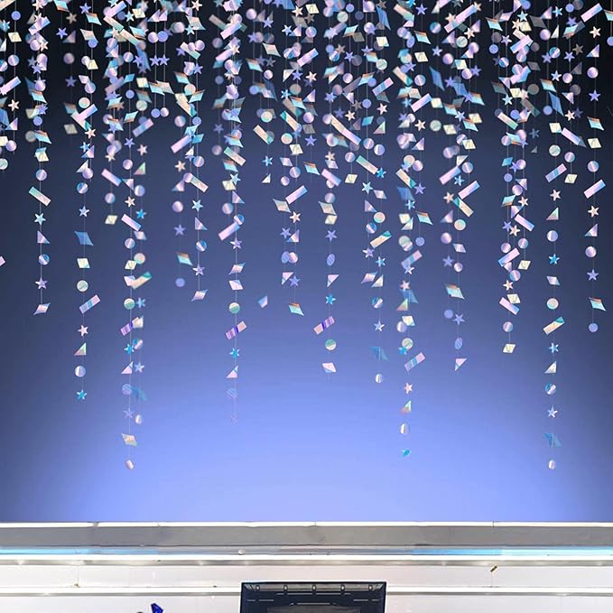 Cheerland Iridescent Confetti Garland Holographic Party Decorations Sparkle Streamers Hanging Star Banners for Birthday New Year’s Eve Disco Party Euphoria Decor Christmas Celebration Supplies 10pcs