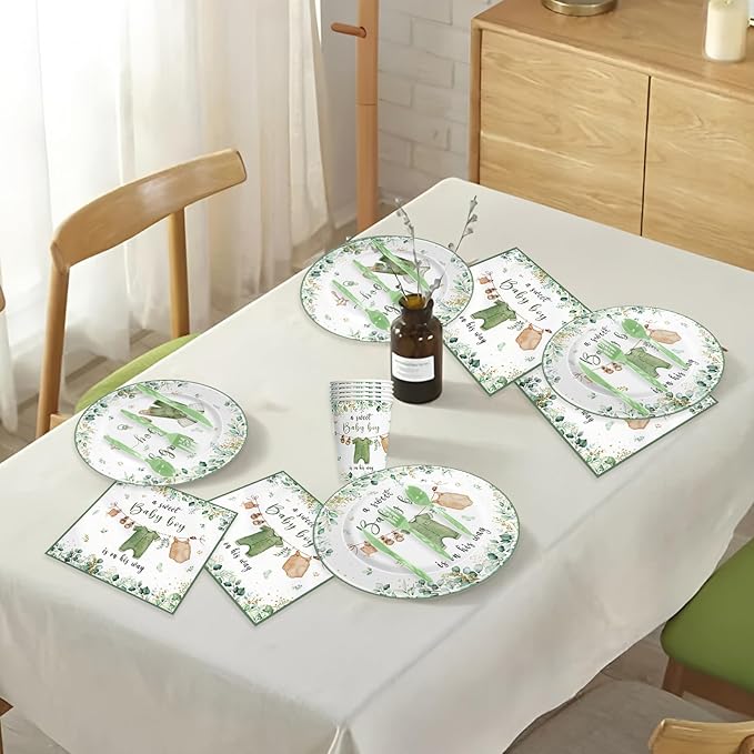 140PCS Greenery Gender Reveal Baby Shower Plates and Napkins Supplies, Boho Greency Party Decorations Tableware Set Dessert Plates Napkins Forks for 20 Guests (Green)