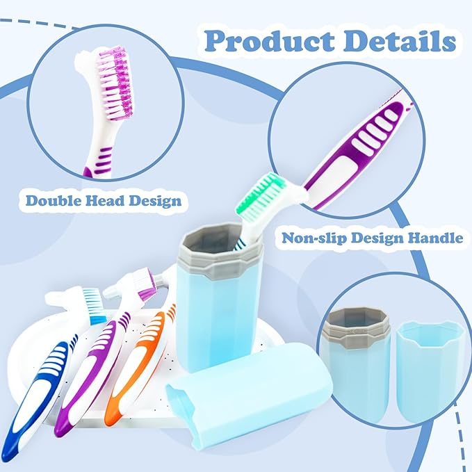 4 Pcs Denture Cleaning Brush and 1 Pcs Storage Case, Portable Denture Toothbrush, Retainer Brush with, Double Sided Toothbrush (4 Colors and Blue)