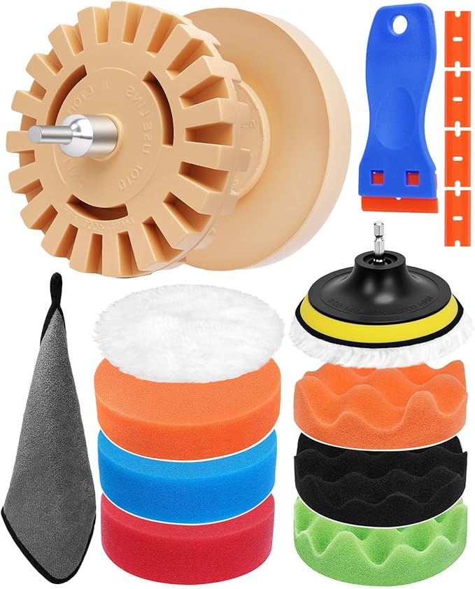Eraser Wheel, Decal Removal Tool, Adhesive Remover Wheel for Automotive Car Sticker, Vinyl, Rv, with Plastic Razor Blades Scraper Tool, Serrated & Solid Eraser Wheel and Polishing Pads -17 Pcs