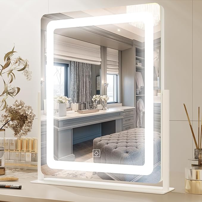 PRIMETEK Vanity Mirror with Lights, 19"x22" Large Makeup Mirror with Lights, LED Lighted Makeup Mirror, Touch Screen with 3-Color Lighting, Dimmable for Vanity Desk Tabletop, Bedroom, White
