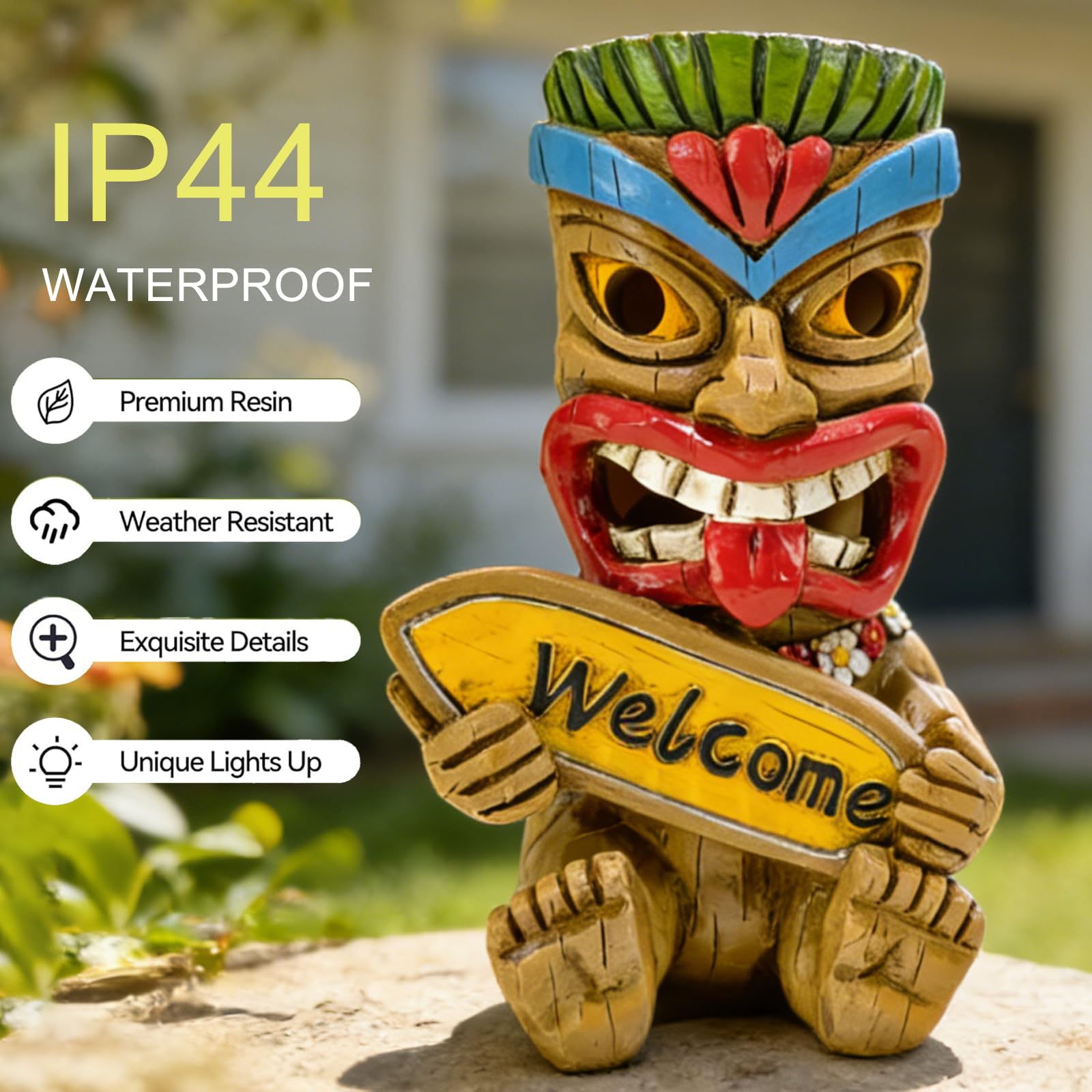 Suyorpe ﻿Miniature Tiki Garden Statue Solar Outdoor Decorations - Tiki Bar Welcome Sign Lights for Patio Yard Lawn Ornaments Gifts for Birthday Housewarming Summer 3.2''(W) x 3.4''(D) x 5.9''(H)