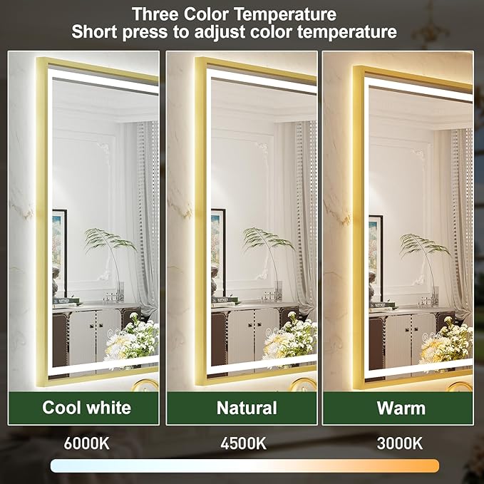 24X36 Inch Led Bathroom Mirror,Frontlit & Backlit Lighted Mirror,Gold Metal Frame Vanity Mirror for Wall,Double Lights Strips,Anti Fog Stepless 3 Colors Temperature & Dimmable