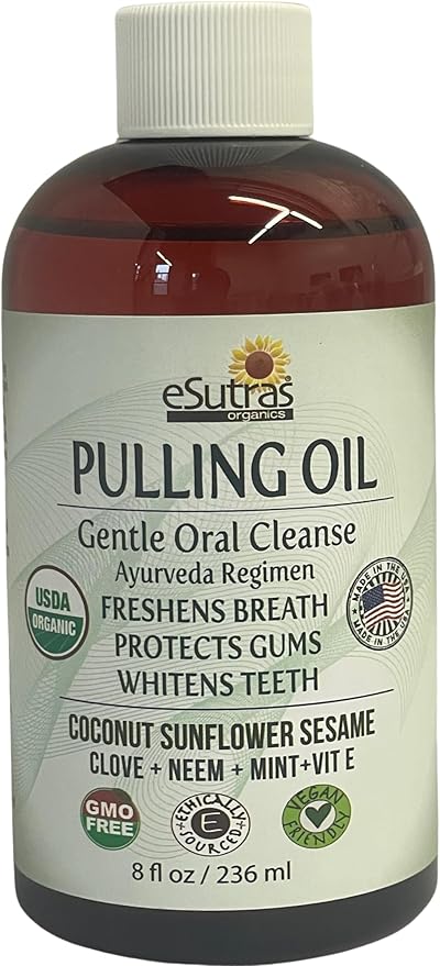 eSutras Pulling Oil Herbal Mouthwash Powerful Coconut Sesame Sunflower Oils + Essential Oils, Mint Clove Whitens Teeth Refreshes Breath Strengthens Gums