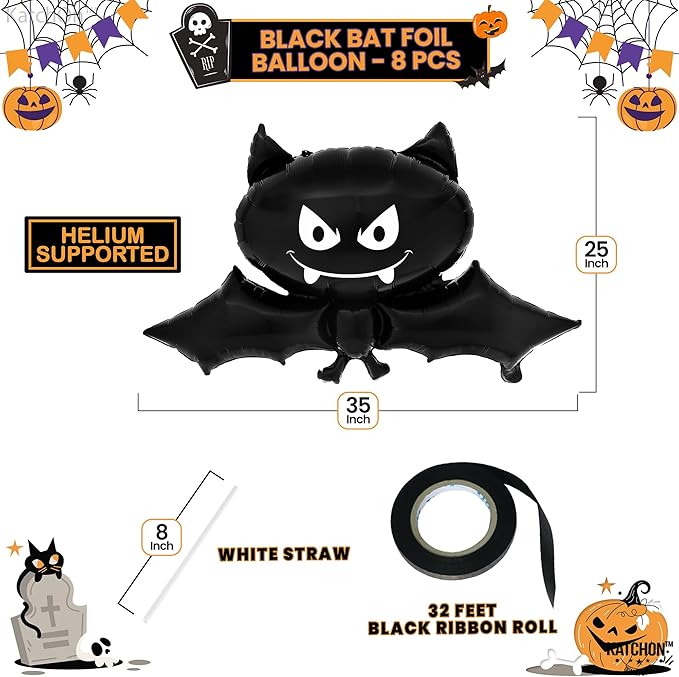 KatchOn, Black Bat Balloons - 35 Inch, Pack of 8 | Ghost Balloons | Bat Balloon for Halloween Decorations Indoor | Halloween Foil Balloon for Spooky Decorations