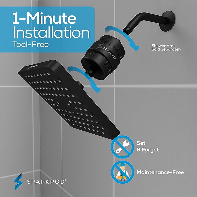 SparkPod Luxury Filtered Shower Head Set 23 Stage Shower Filter - Reduces Chlorine and Heavy Metals - High Pressure Showerhead Filter (8" Square, Midnight Black Matte)