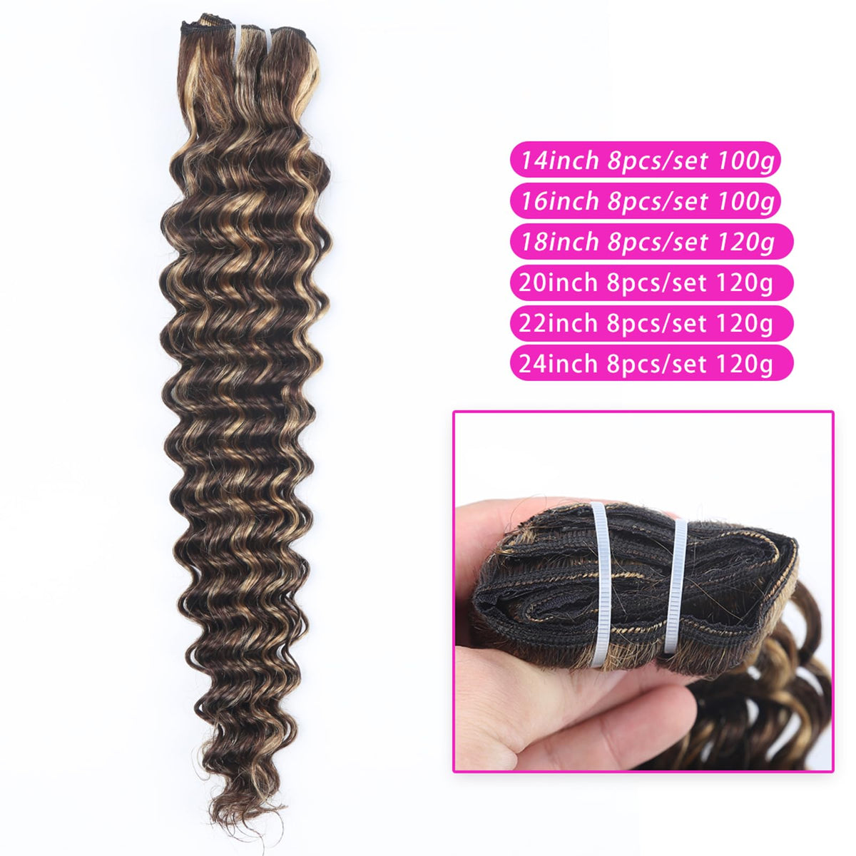 Curly Clip in Hair Extensions Real Human Hair 16inch 100g Invisible & Seamless 100% Brazilian Remy Human Extension Deep Wave Clip ins Extensions Double Weft 8 PCS with 20 Clips Highlight P427