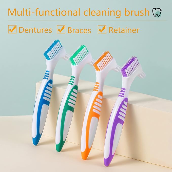 Denture Brush 4Pcs Denture Toothbrushes，Denture Cleaning Care Cleaning Brush ，Double Sided Toothbrush，Multi-Layered Bristles and Rubber Anti-Slip Handle (Purple, Green, Blue, Orange)