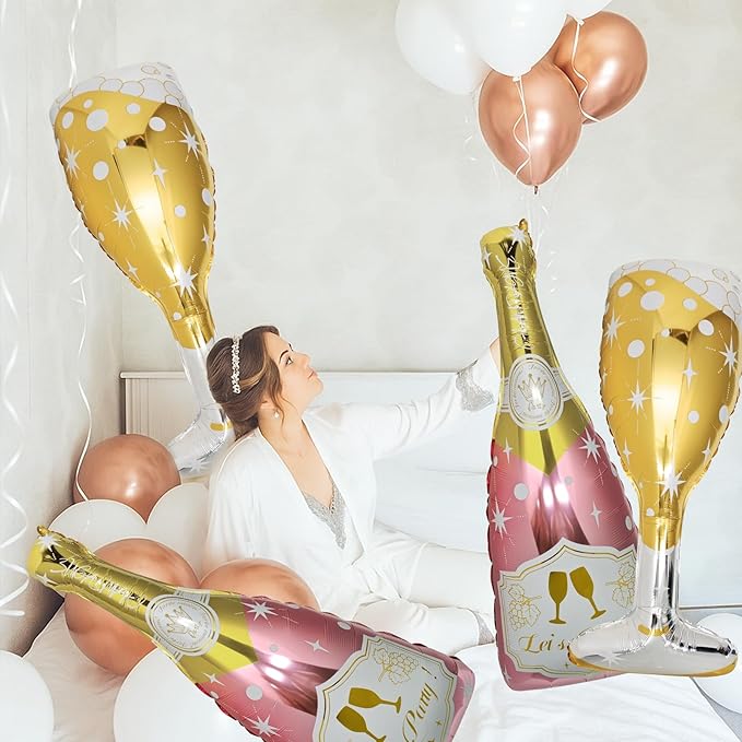 91 Pcs Rose Gold Balloons, Huge Explosion Star Balloons Champagne Bottle Goblet Aluminum Foil Balloon for Birthday, Bachelorette, Bridal Shower, Wedding, Engagement Party Decorations Supplies