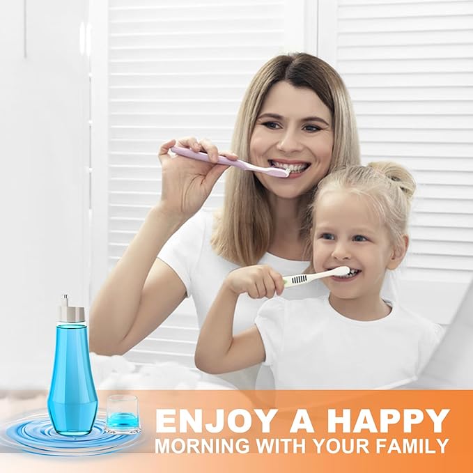 Glass Mouthwash Dispenser for Bathroom, Mouth Wash Container Bottle with Lid Cup, Small Clear Refillable Mouthwash Decanter Holder (2 Pack/ 7.5)