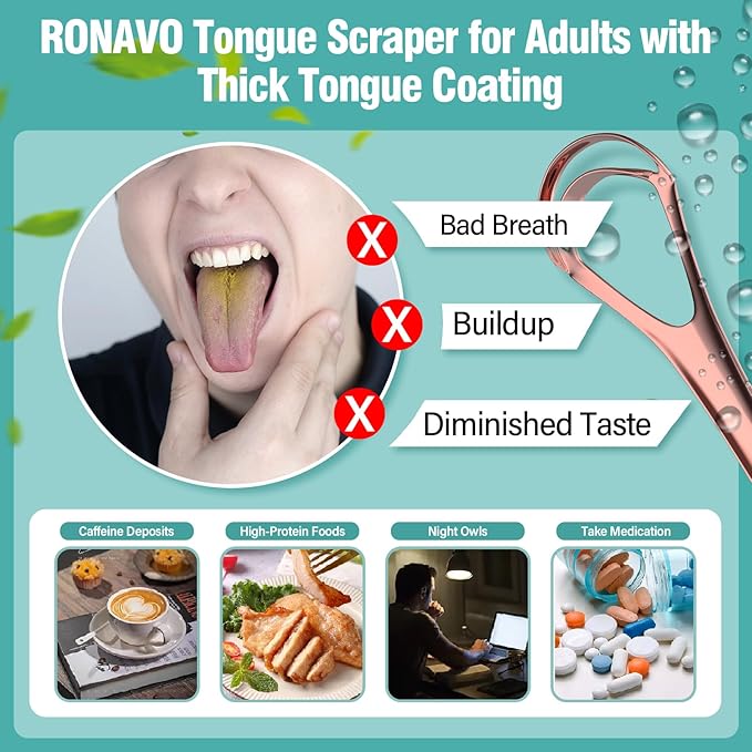 RONAVO Tongue Scraper (Elegant in Rose Gold), Tongue Cleaner for Elegant Women, Metal Tongue Scraper | Take Care of Your Shining Tongue, Remove Tongue Coating, Reduce Bad Breath, with Travel Case