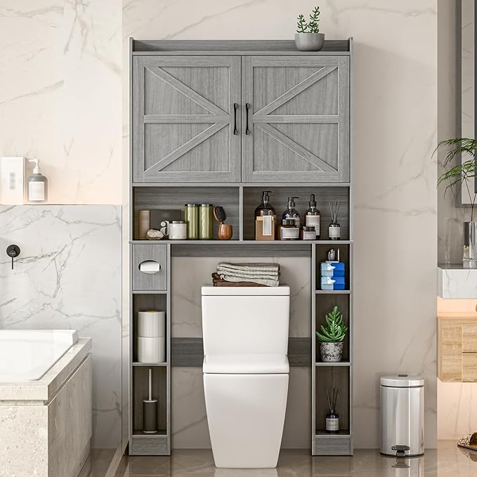 Over The Toilet Storage Cabinet, Farmhouse Toilet Cabinet Rack with Barn Doors, Space Saving Bathroom Organizer with Shelves, Toilet Paper Holder and Towel Rack for Bathroom,Restroom,Laundry,Wash Grey