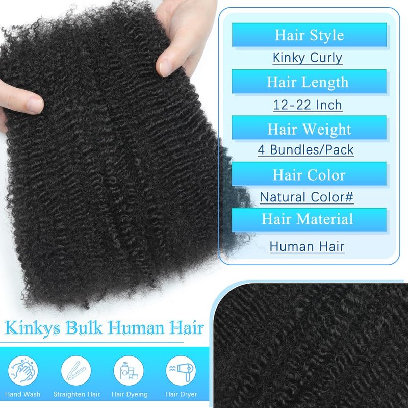 Afro Kinkys Bulk Human Hair 16 Inch 4 Bundles Afro Kinky-curly Human Braiding Hair Bulk for Spring Hair Twist Dreadlock Extensions Locs Braids Repair 70g Natural Color#